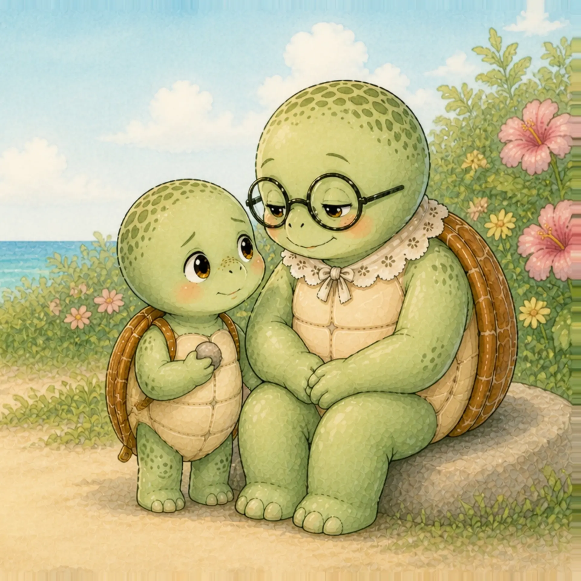 Oma Milly zit met Dylan op een steen aan het strand