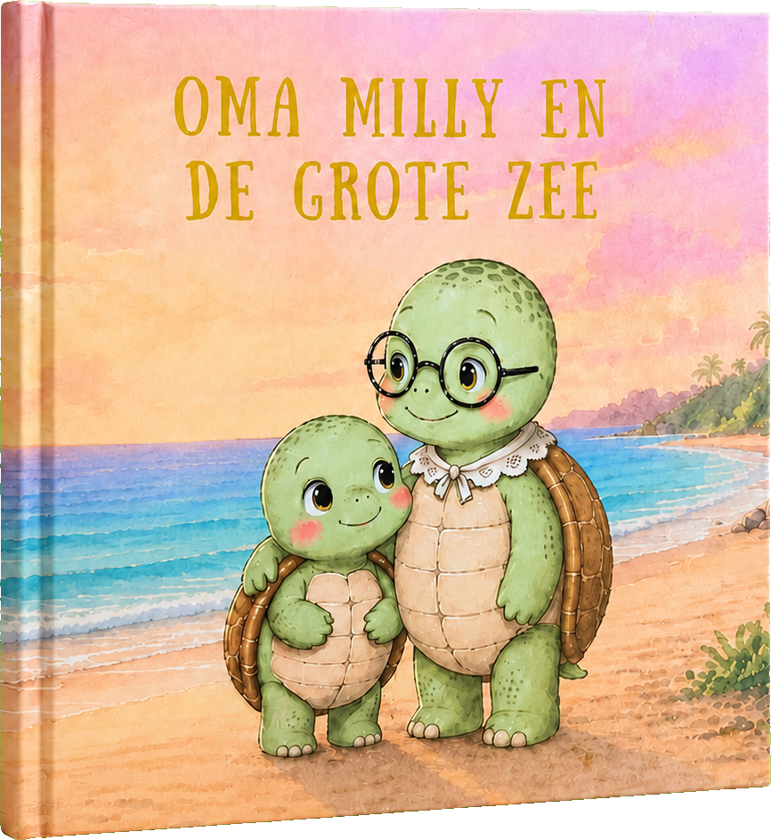 Boekomslag van Oma Milly en de Grote Zee met twee schildpadden op het strand