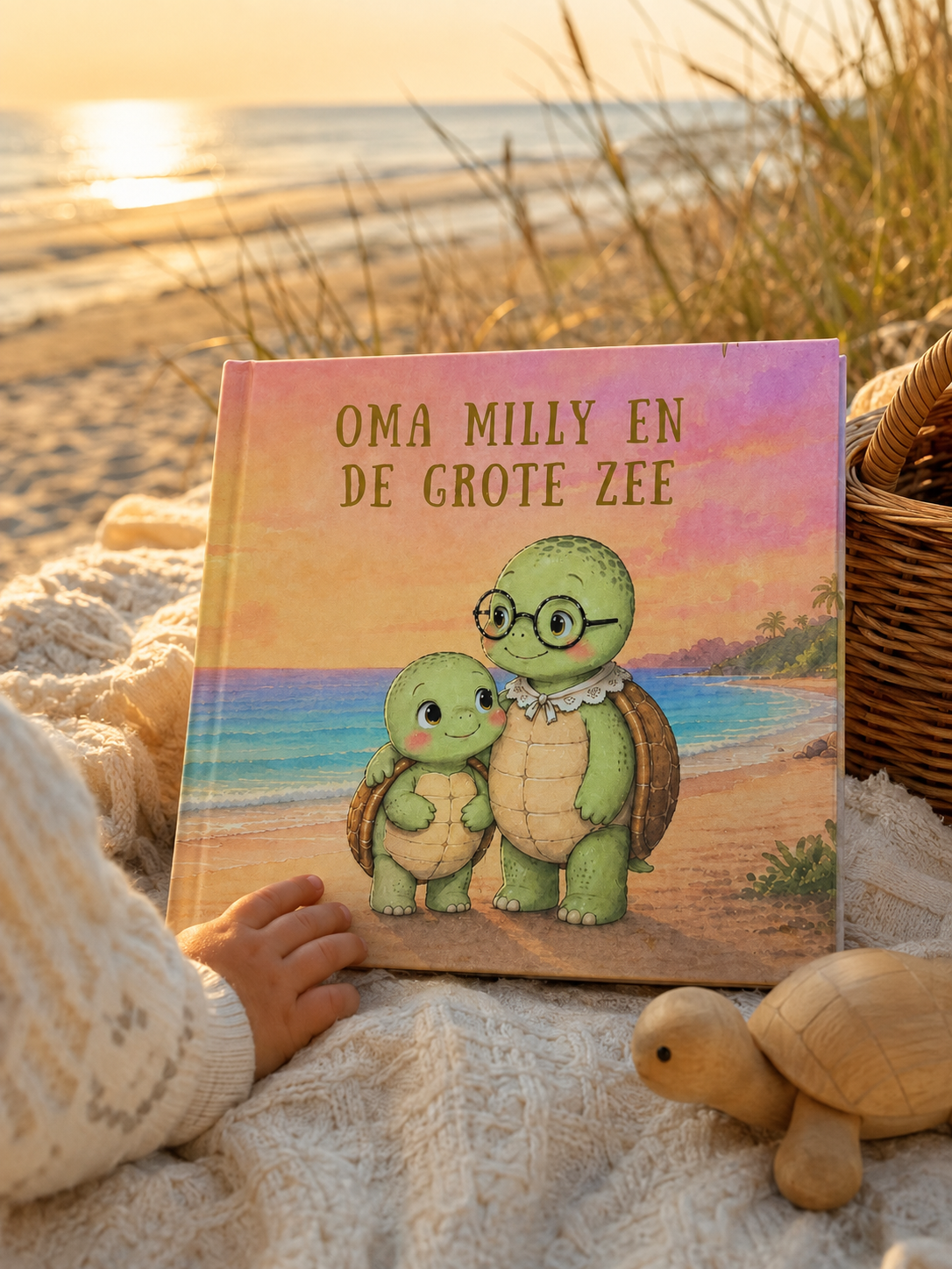 Het prentenboek Oma Milly en de Grote Zee op een strandkleed in de duinen bij zonsondergang