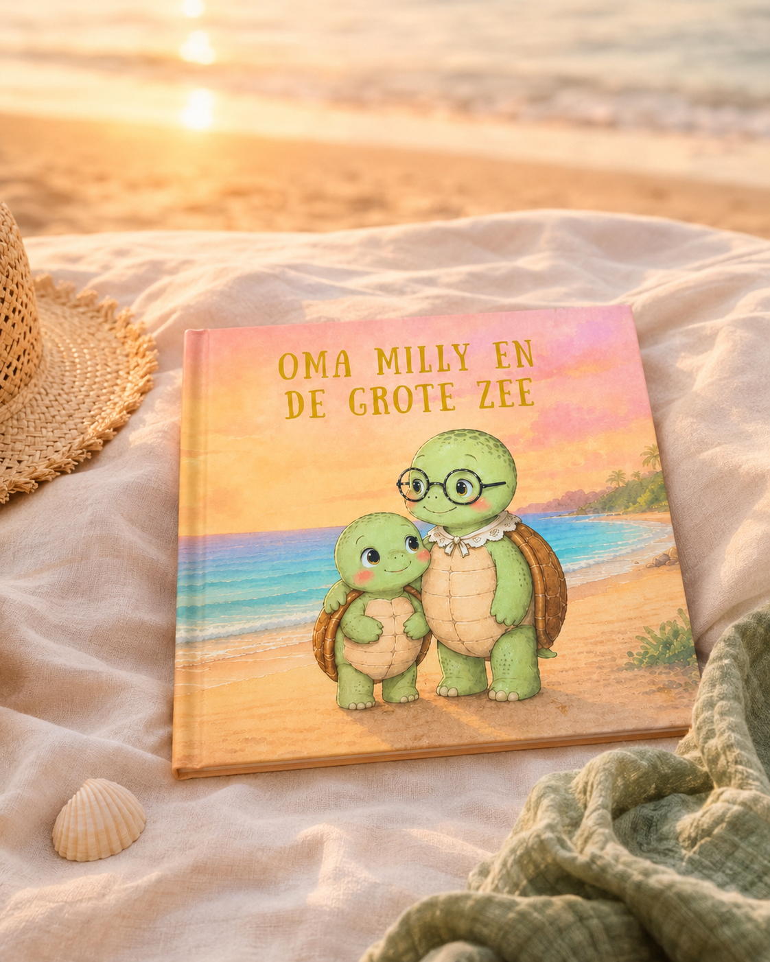 Het hardcover prentenboek op een strandkleed bij zonsondergang, met schelpen en een strohoed