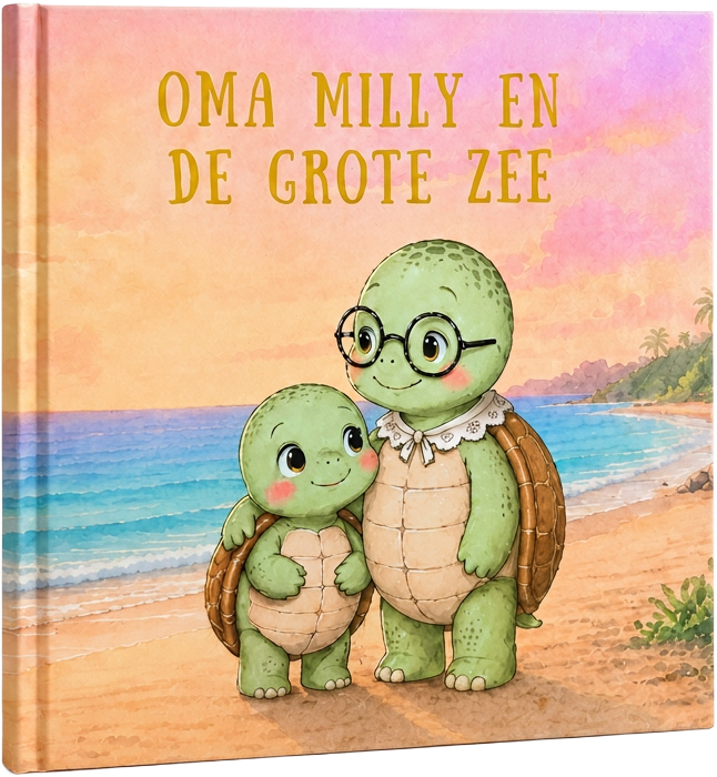 Hardcover van Oma Milly en de Grote Zee rechtop op een warme achtergrond