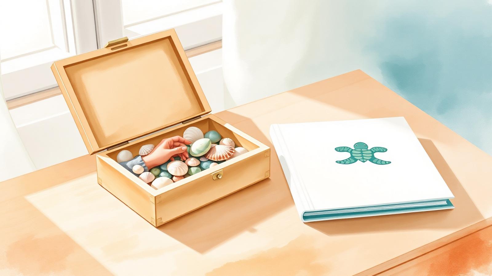 Houten herinneringsdoos met schelpen en een prentenboek over afscheid