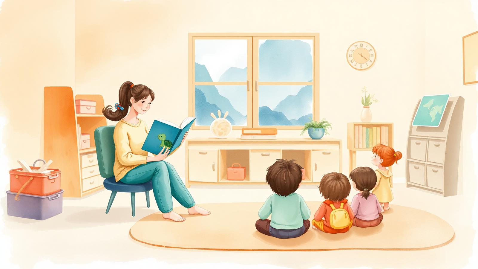 Leerkracht leest een prentenboek over afscheid voor aan een kleutergroep