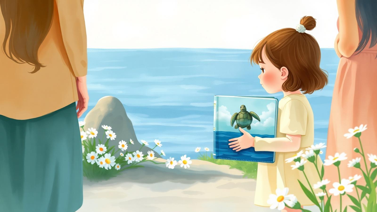 Kind met het prentenboek Oma Milly en de Grote Zee bij een afscheid aan zee